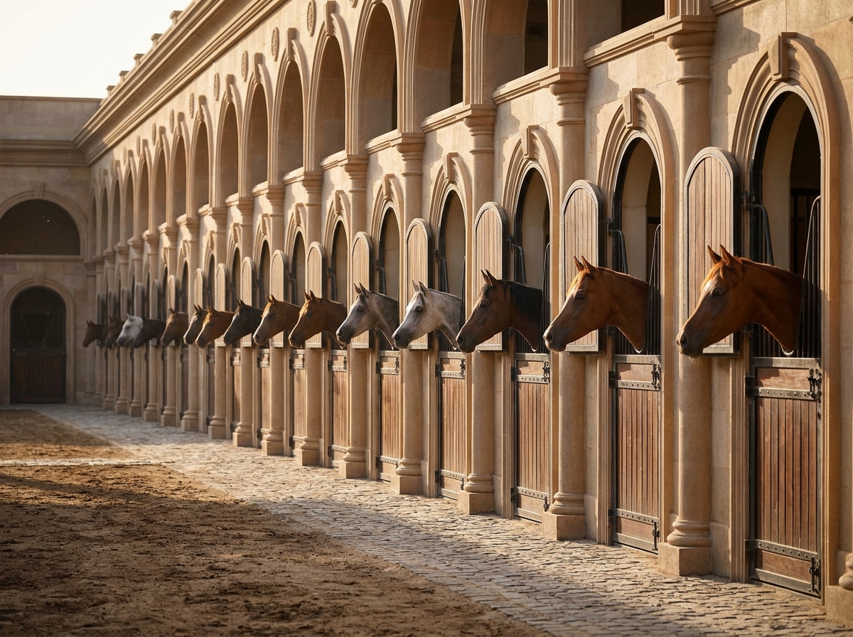 Many Arabian horses looking out of arched stable doors