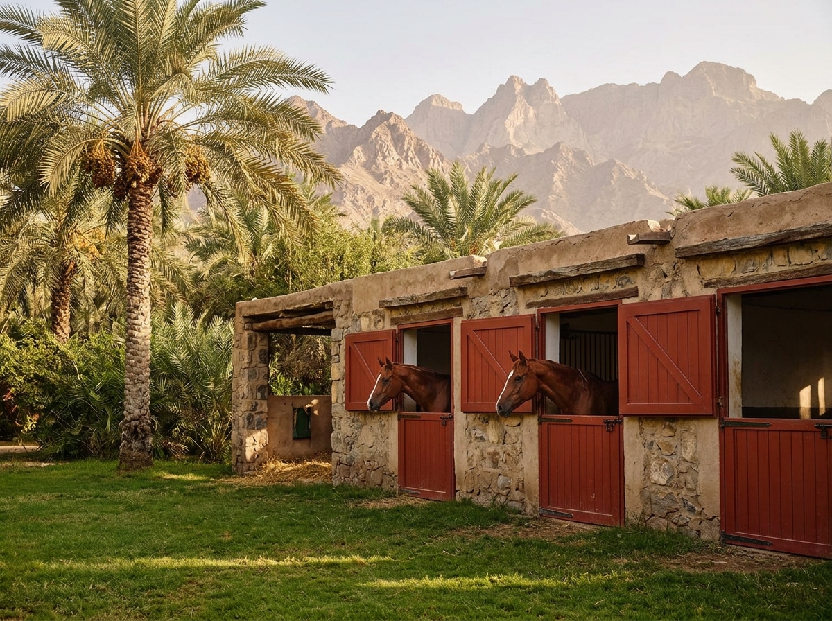Two chestnut horses at oasis stables with mountains beyond