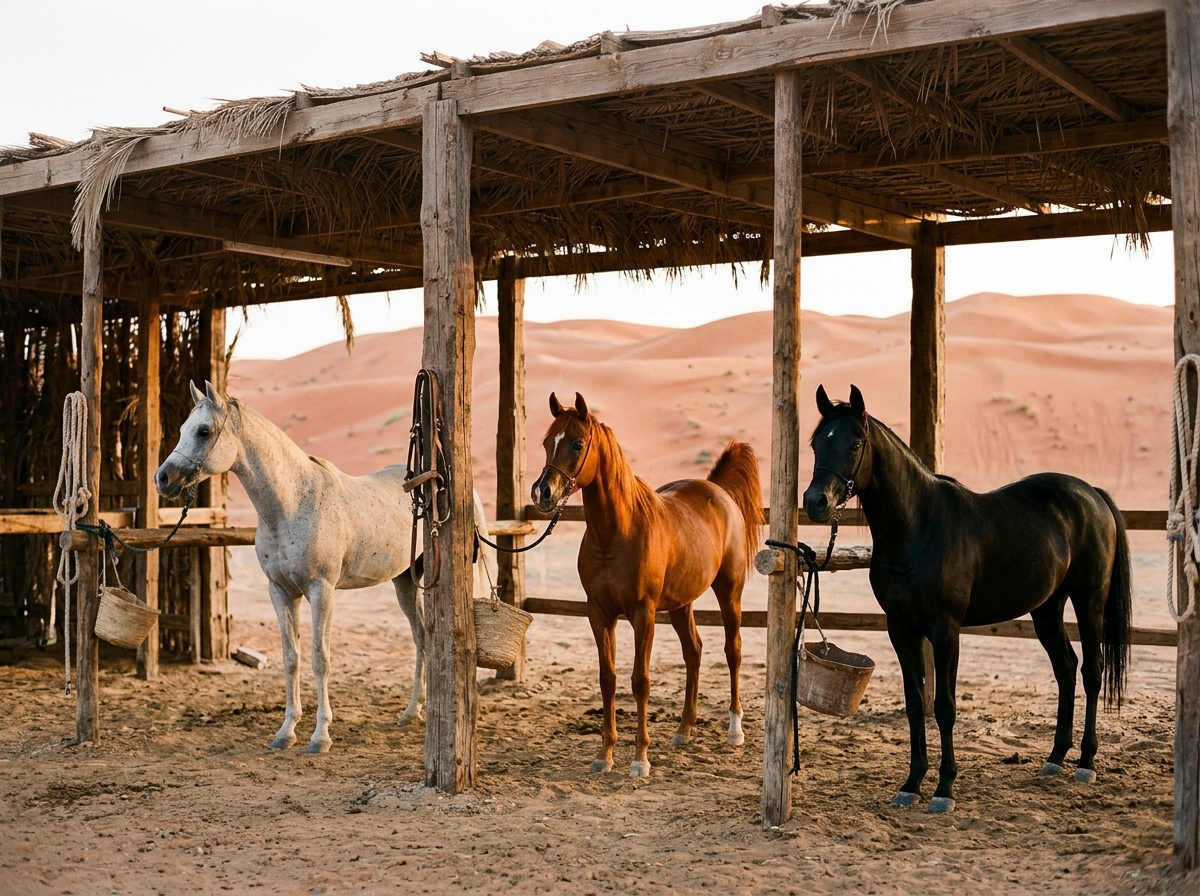 Three Arabian horses tied in the shade of a rustic desert stable