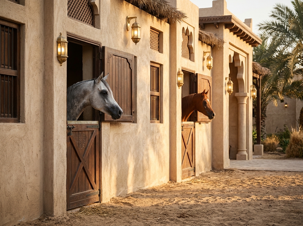A grey Arabian and a chestnut Arabian at a traditional Emirati stable
