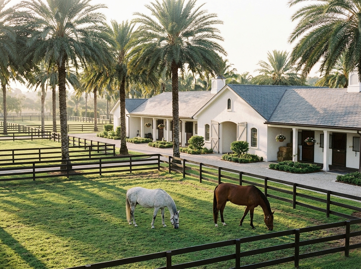 A grey pony and a bay horse grazing by stables among date palms