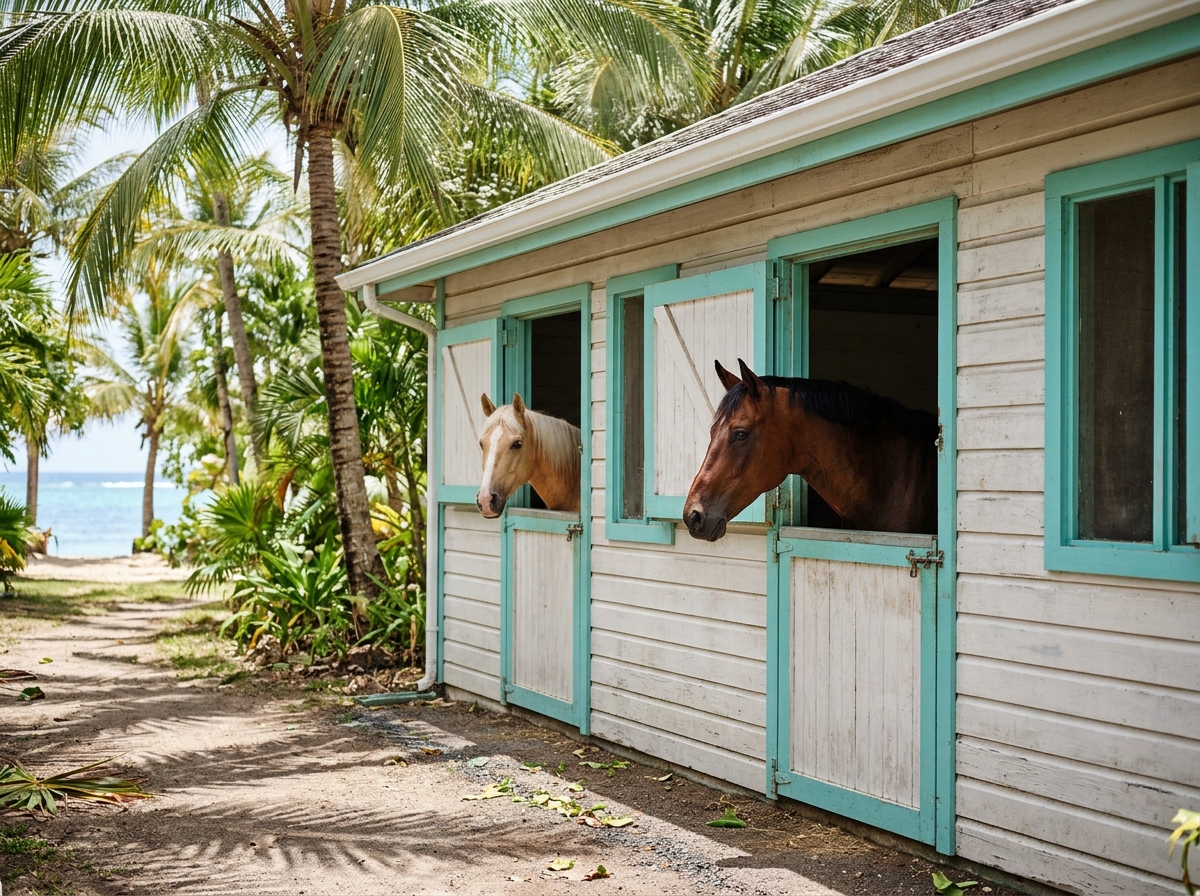 A palomino pony and a bay horse at a palm-fringed resort stable