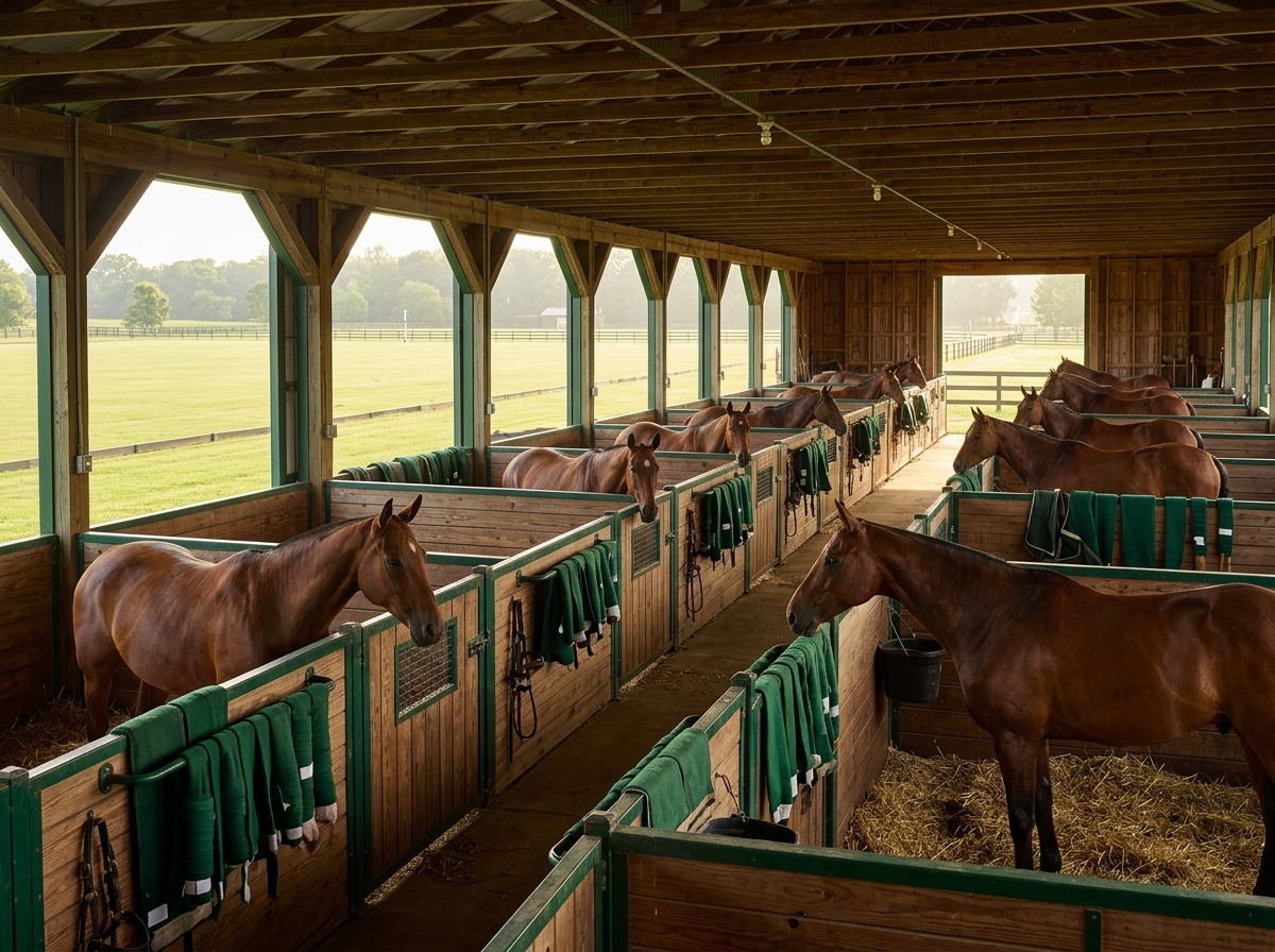 Rows of bay polo ponies in a long open barn