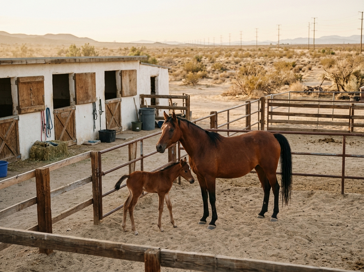 An Arabian mare and foal in a sand pen beside small stables