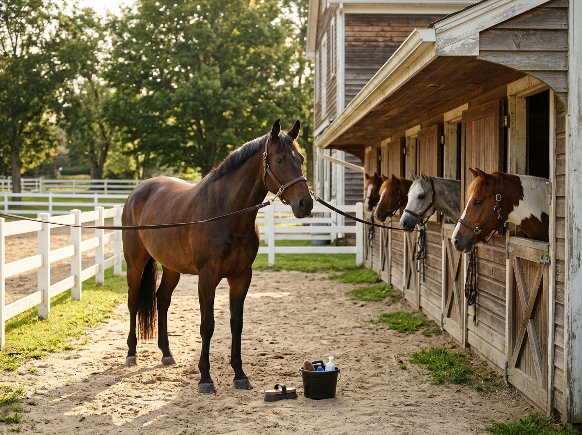 A bay school horse in cross-ties beside ponies in a farm stable