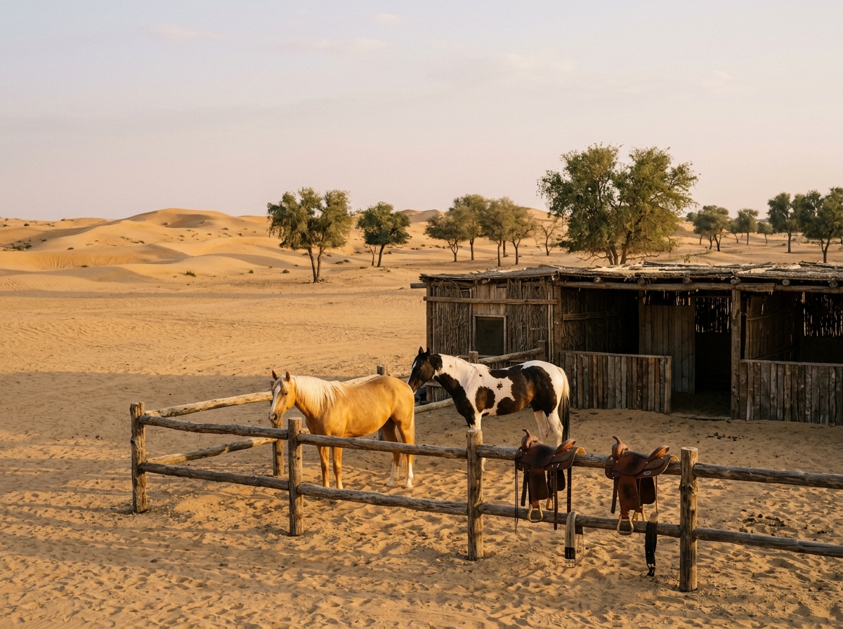 A palomino and a paint horse in a desert ranch corral at sunset
