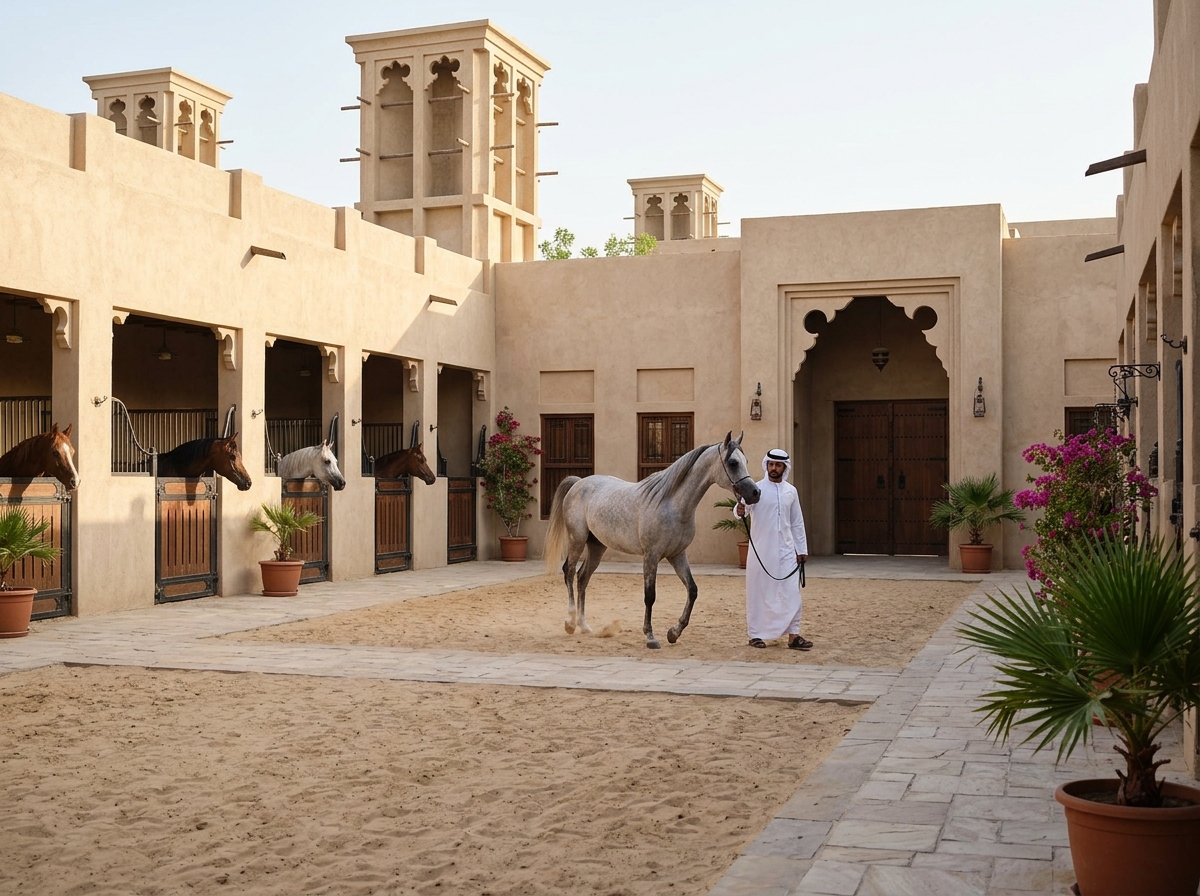 Arabian horses in a heritage stable courtyard with wind towers