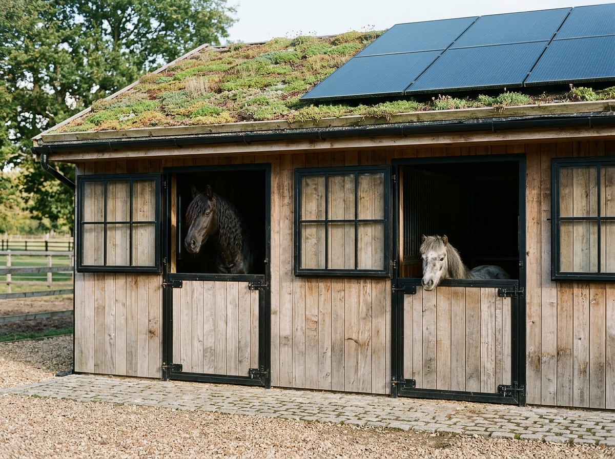 A black Friesian and a grey pony at a modern eco stable